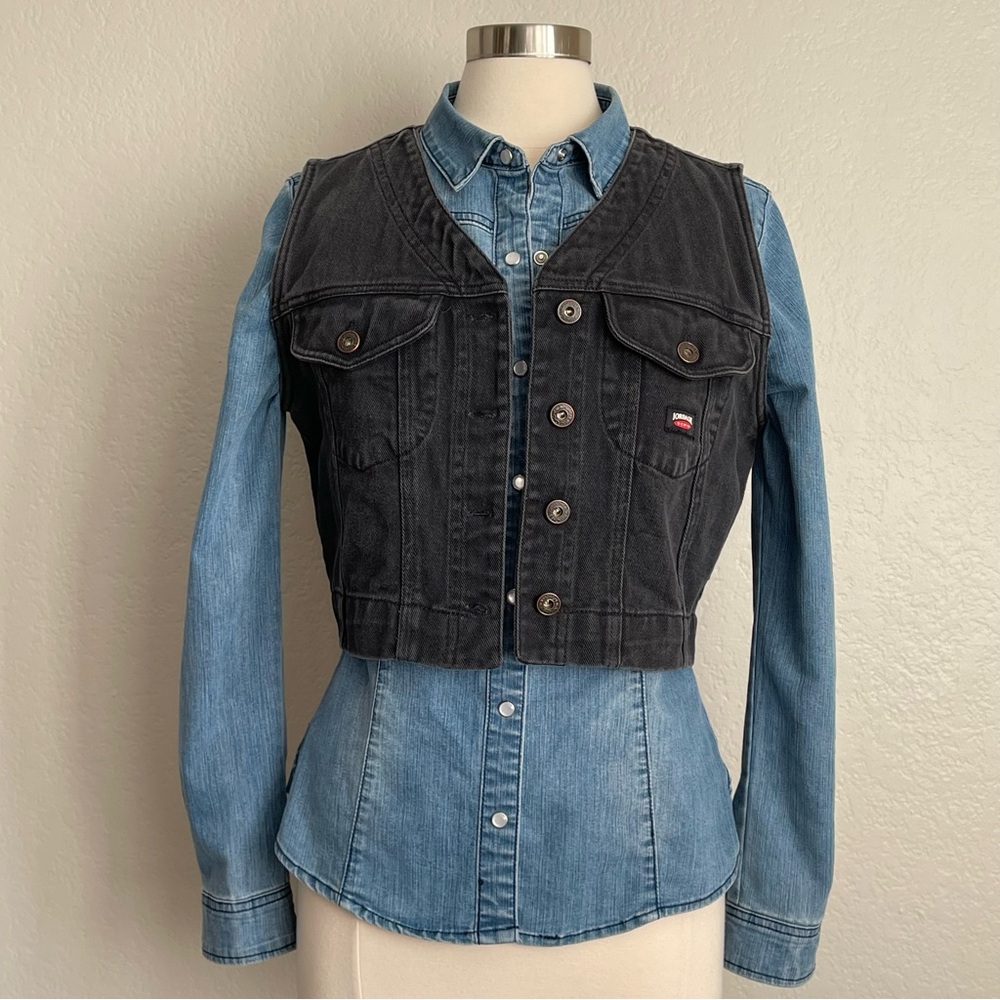 Size S/M Jordache Denim V-Neck Black Sleeveless Jean Vest Western Jacket In exc